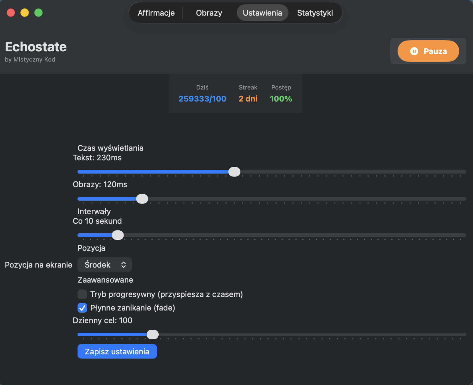 Echostate na macOS — ustawienia