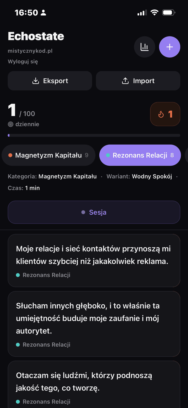 Ekran główny Echostate Mobile — statystyki, kategorie afirmacji