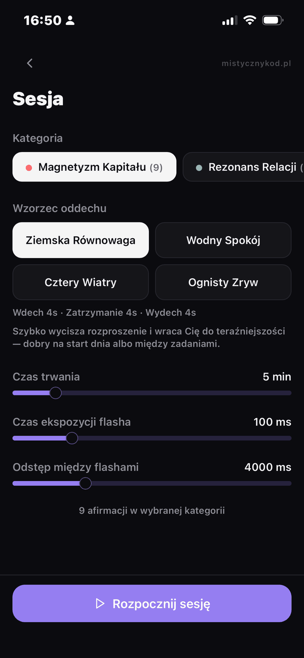 Ekran konfiguracji sesji — kategoria, wzorzec oddechu, czas trwania